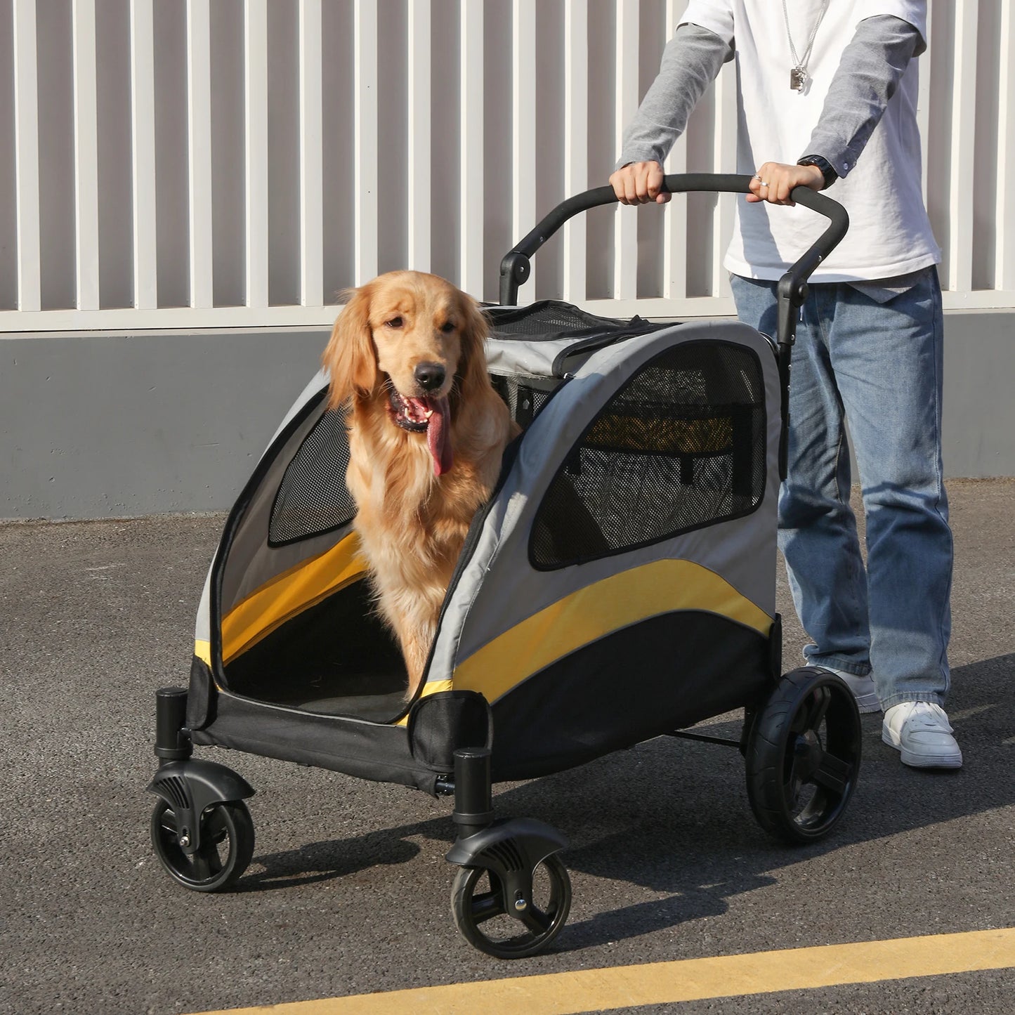 Dog Stroller Ultra-large 4 Wheels Foldable Cart Travel Trolley Outdoor Animal Carrier Load To 55kg