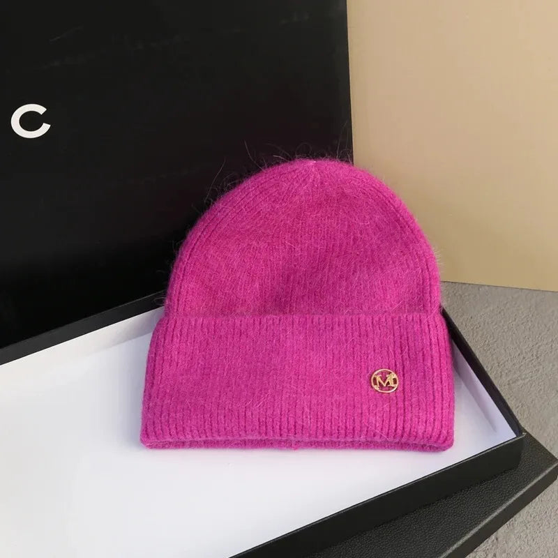 2024 Fluffy  Angora Hat Rabbit Fur Warm Winter Cashmere Wool Soft  Beanies Knitted Outdoor Female