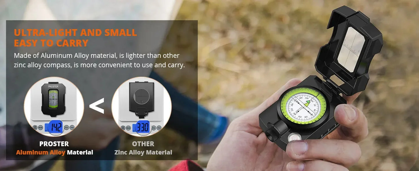 Proster Hiking Compass - Aluminium, Waterproof, Clinometer, Fluorescent Scale, Carry Bag (128 chars)