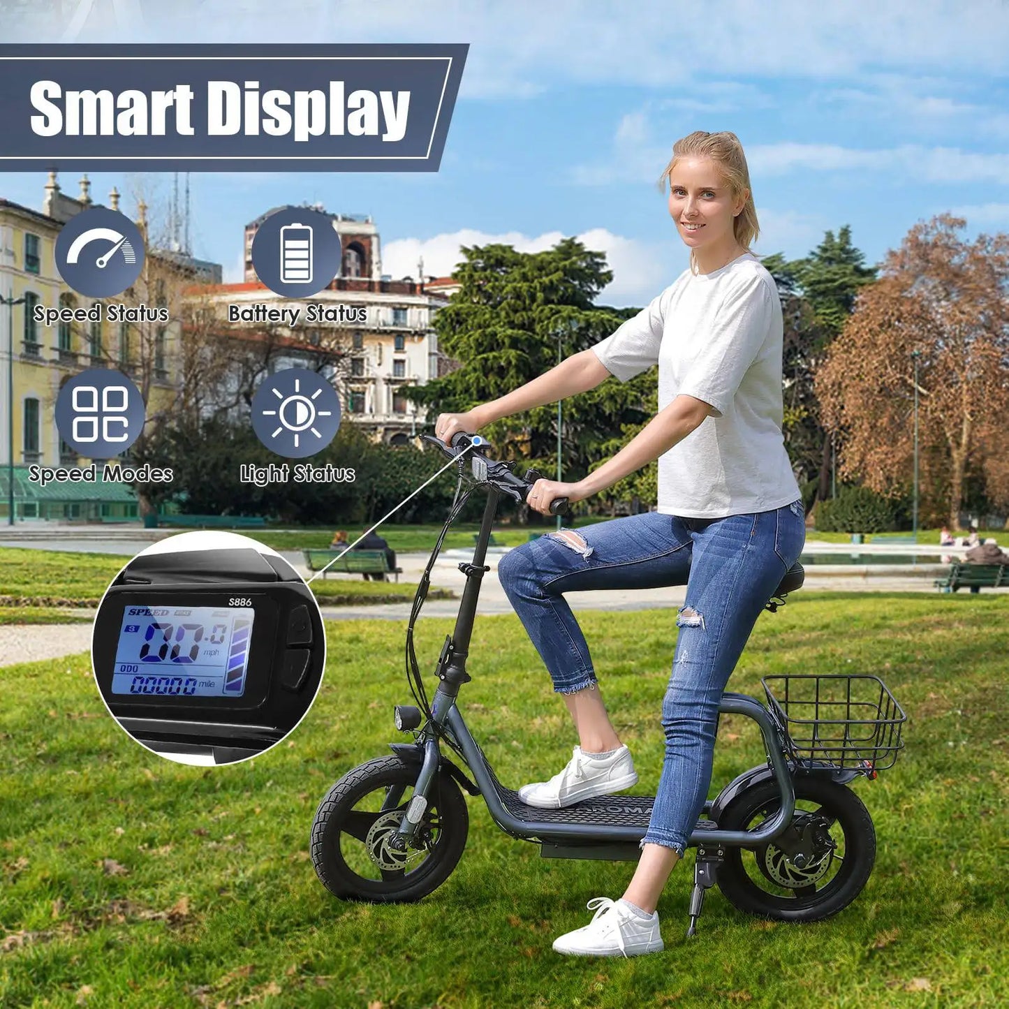 Peak 819W Electric Scooter 500W Motor W/ Seat 14" Tire, 30 Miles Ranges 20MPH Max Speed, to 300 LBS