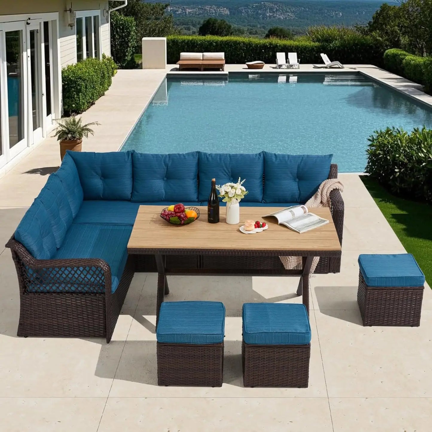 7 Pieces Patio  Dining Set, Patio Dining Sets with HDPE Table & Chairs, Ottamans for Garden, Deck