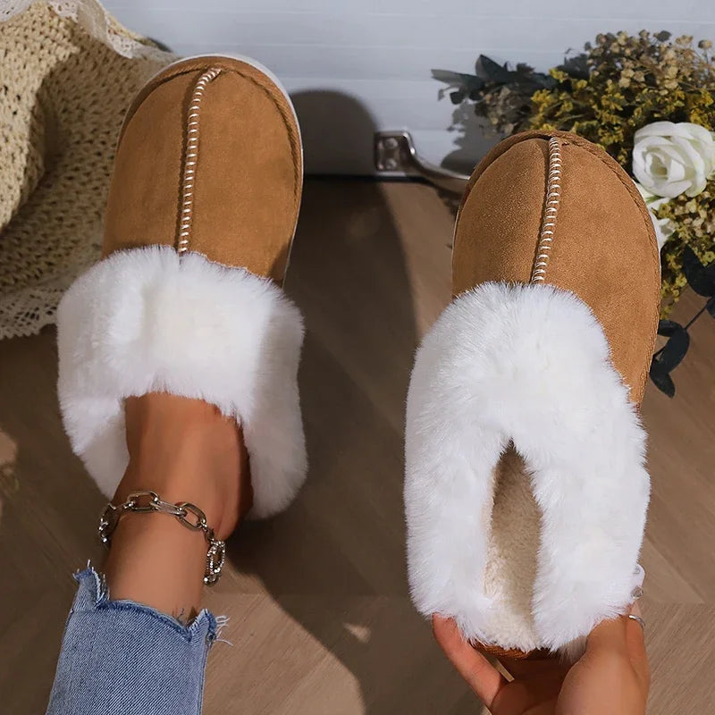 2025 Winter Warm Flat Fur Slippers Women Faux Suede  Slides Comfort Non Slip Indoor FloorCotton