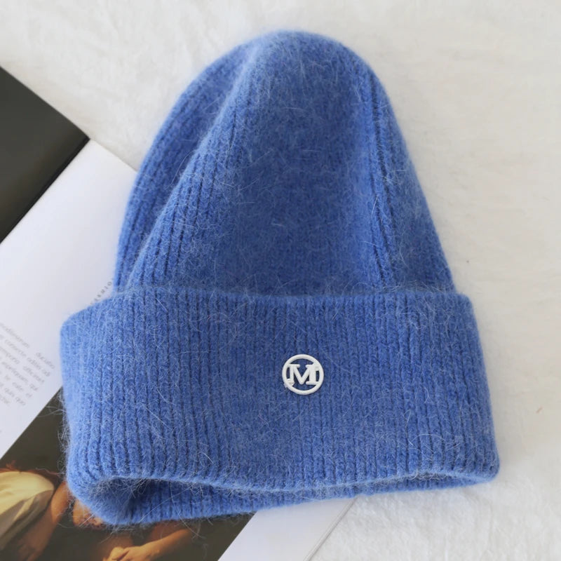 2024 Fluffy  Angora Hat Rabbit Fur Warm Winter Cashmere Wool Soft  Beanies Knitted Outdoor Female