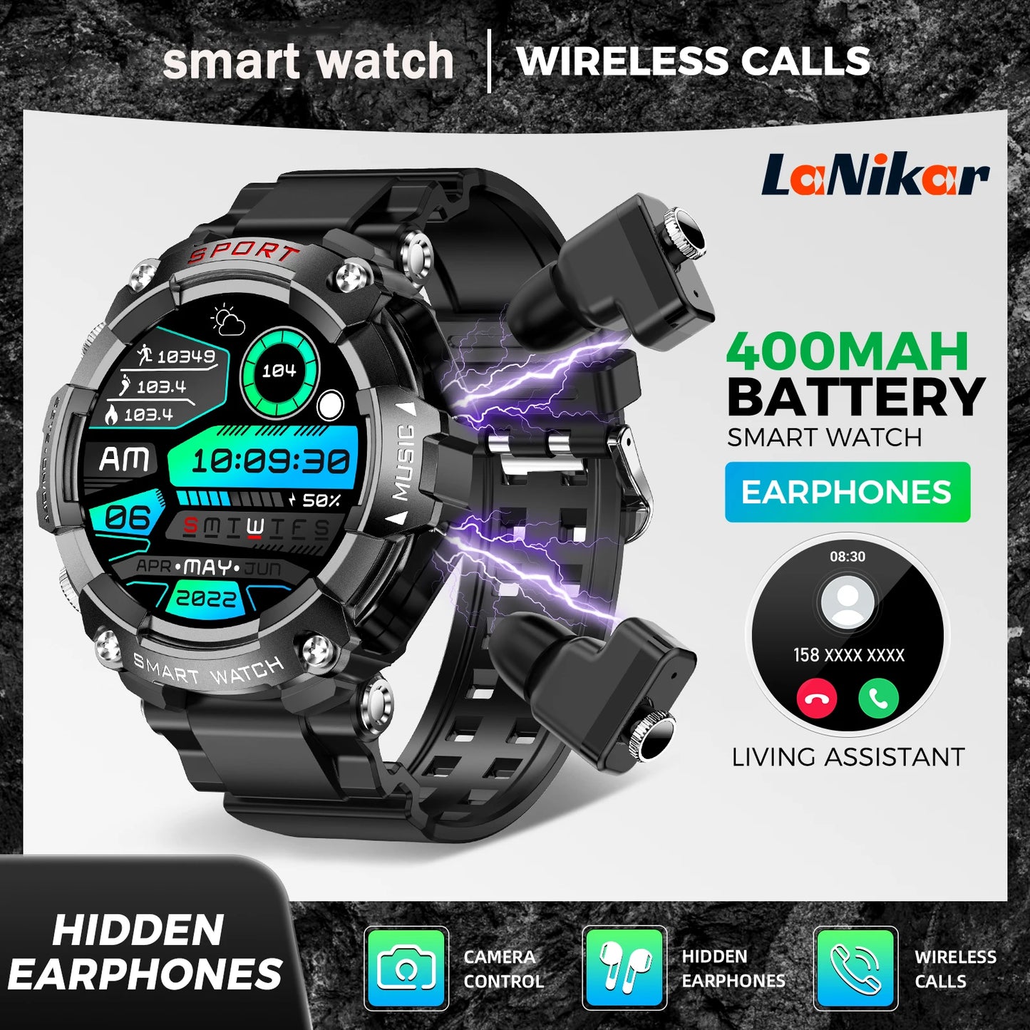 Smart Watch AMOLED Display In-Ear Bluetooth Headset Heart Rate Blood P, Oxygen Sat. Monitoring HD
