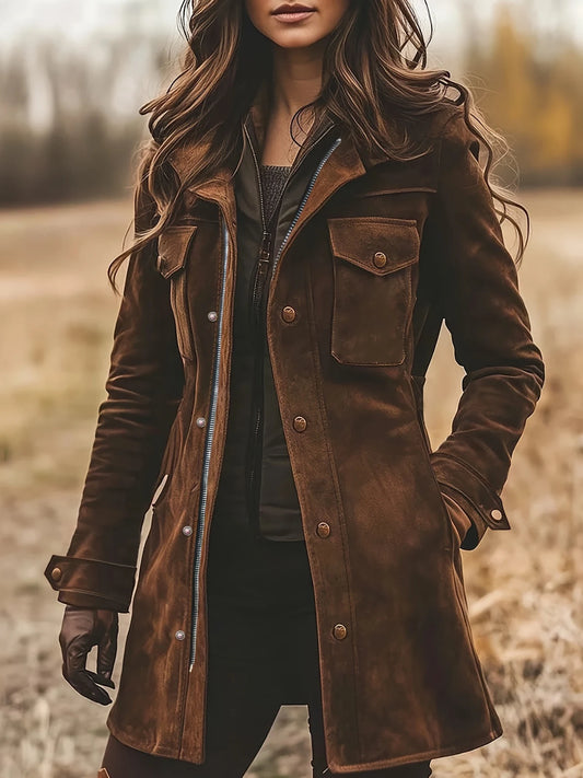 Women's Vintage Suede Turtleneck Casual Jacket, a Versatile Elegant Mid-Length Coat, Autumn/Winter