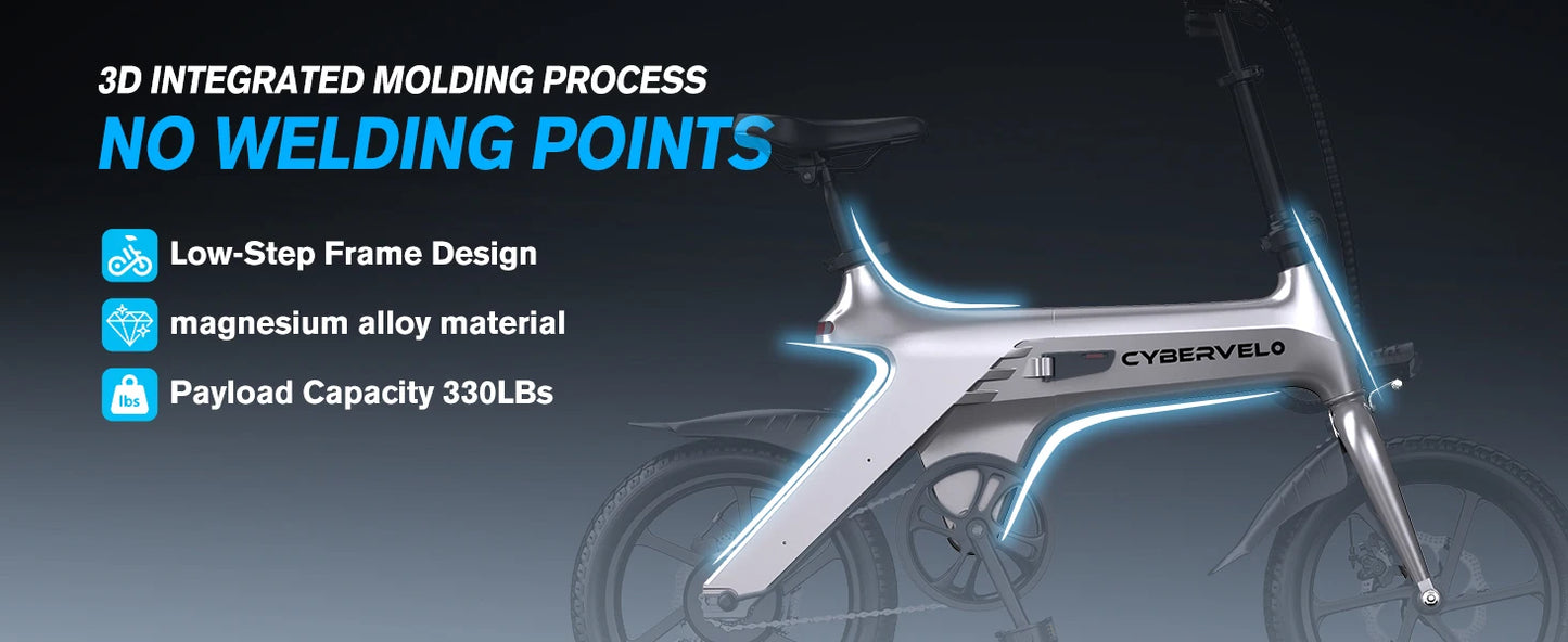 Cybervelo 500W Peak Motor, Foldable E-Bike,City 20MPH Ultra light weight Long Range Commuter