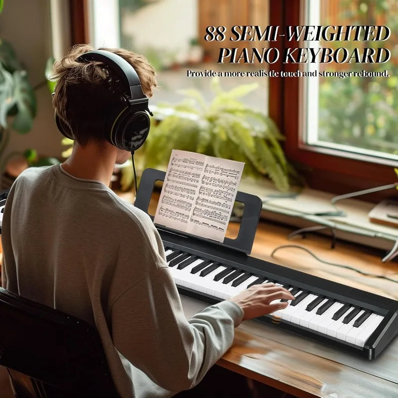 88 Key Foldable Electronic Piano, Semi-Weighted Digital Piano with Dual Bluetooth Mode (Black)