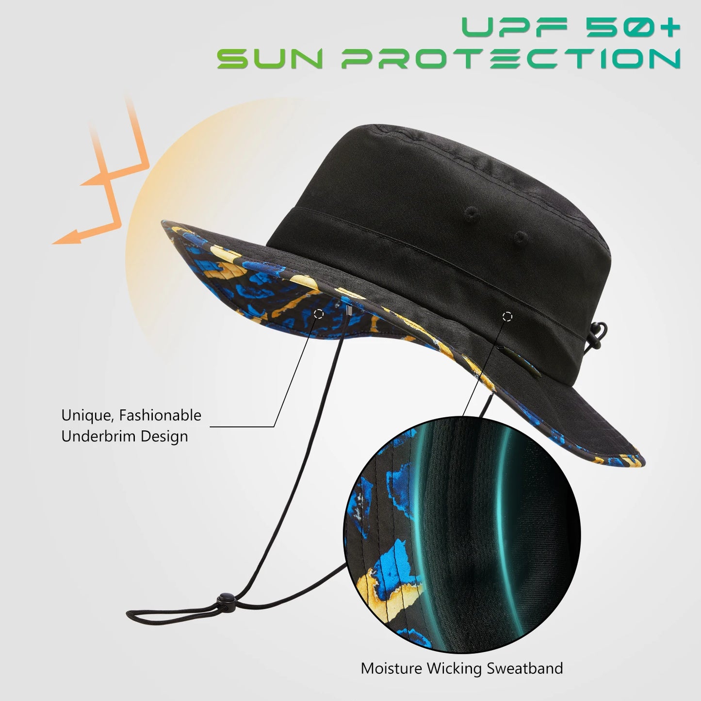 UPF 50+ Foldable Sun Hat Patterned Under Brim Bucket,Summer Hiking Fishing Beach Safari Men Women