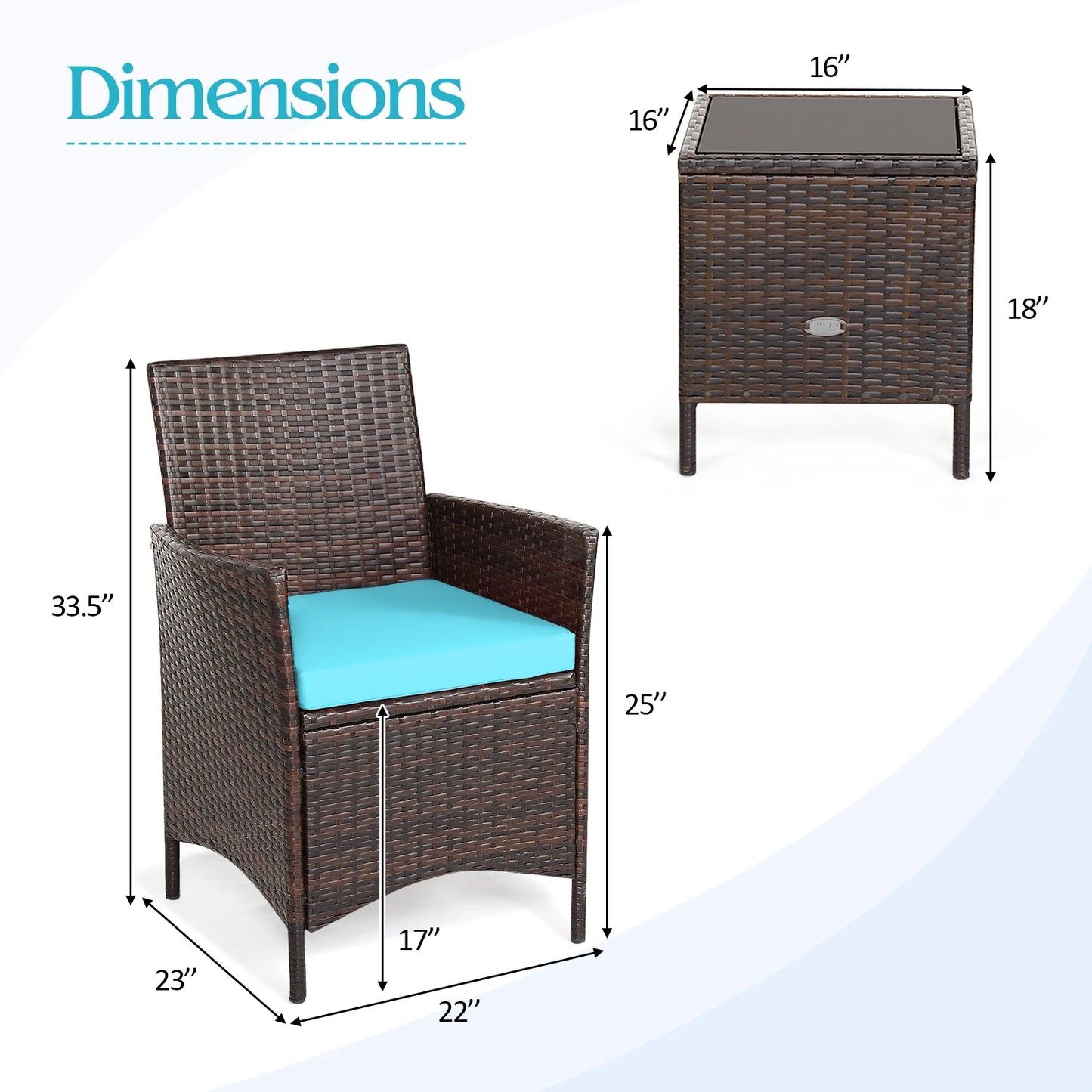 3PCS Patio Rattan Furniture Set Cushioned Sofa Glass Tabletop Deck Blue