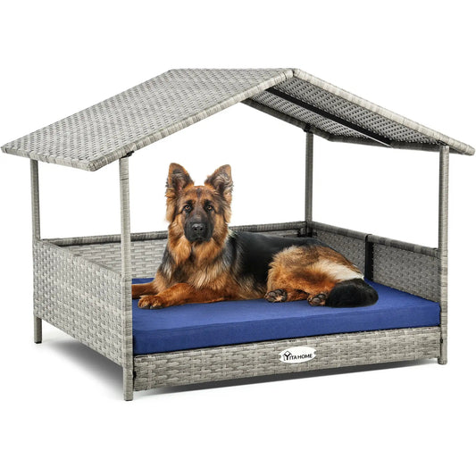 32.9in Outdoor Rattan Doghouse, Canopy, Elevated Water-Resistant, Blue Cushion for Small, Medium,