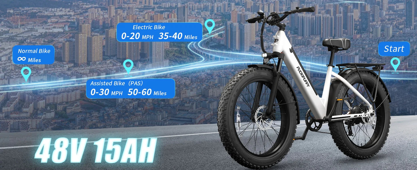 PUCKIPUPPY E-Bike, Adults 960W Peak 48V 15AH 7 Speed All Terrain 26" Fat Tire Front Suspension