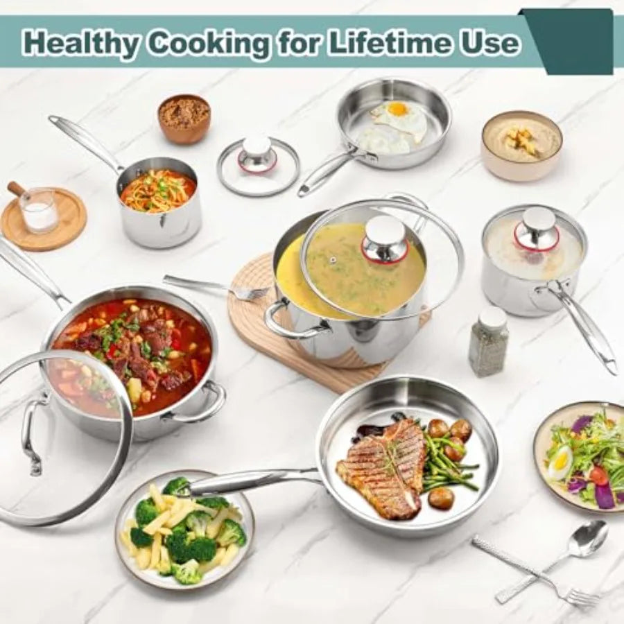 3Ply Stainless Steel Pots,Pans,10 Pcs Stainless Cookware Kitchen Induction Nontoxic Kitchen Cooking