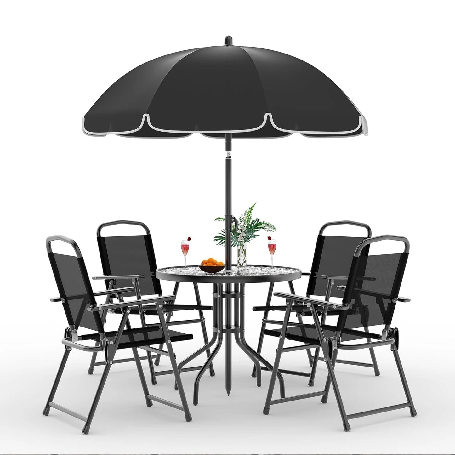 6 Piece Patio Dining for 4, Umbrella, Outdoor Table & 4 Folding Dining Chairs & Round Glass Table