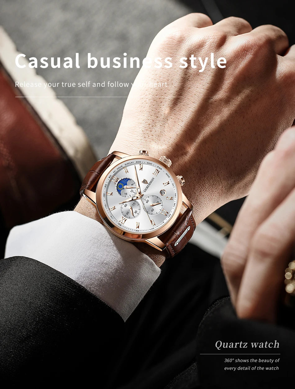 LIGE Business Watch Men Fashion Leather Military Waterproof Mn's Quartz 24 Hour Moon Phase