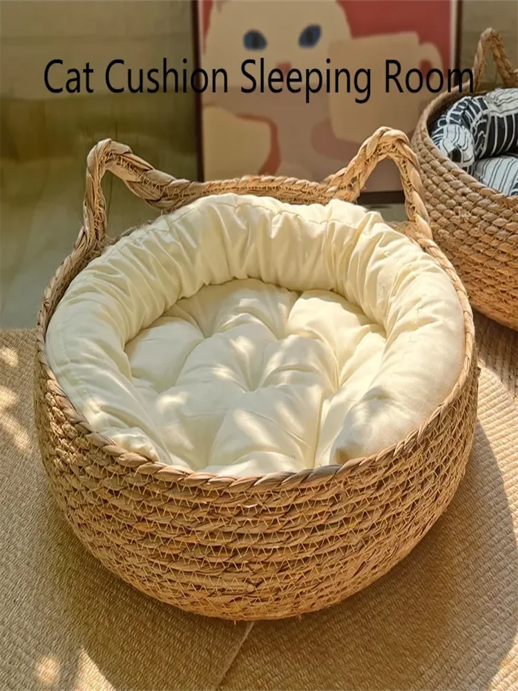 Pure hand-woven rattan cat nest four seasons universal warm pad removable washable winter pet