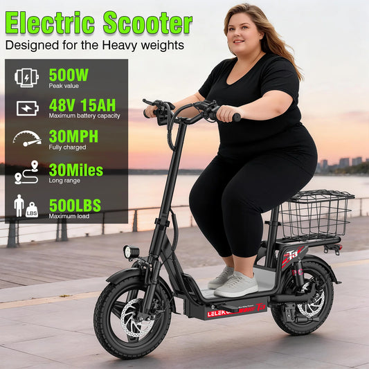 E-Bike, 500W48V15AH, 30MPH 14 inch E-Bike, 500lbs Load-bearing Multiple Shock Absorbers, Basket