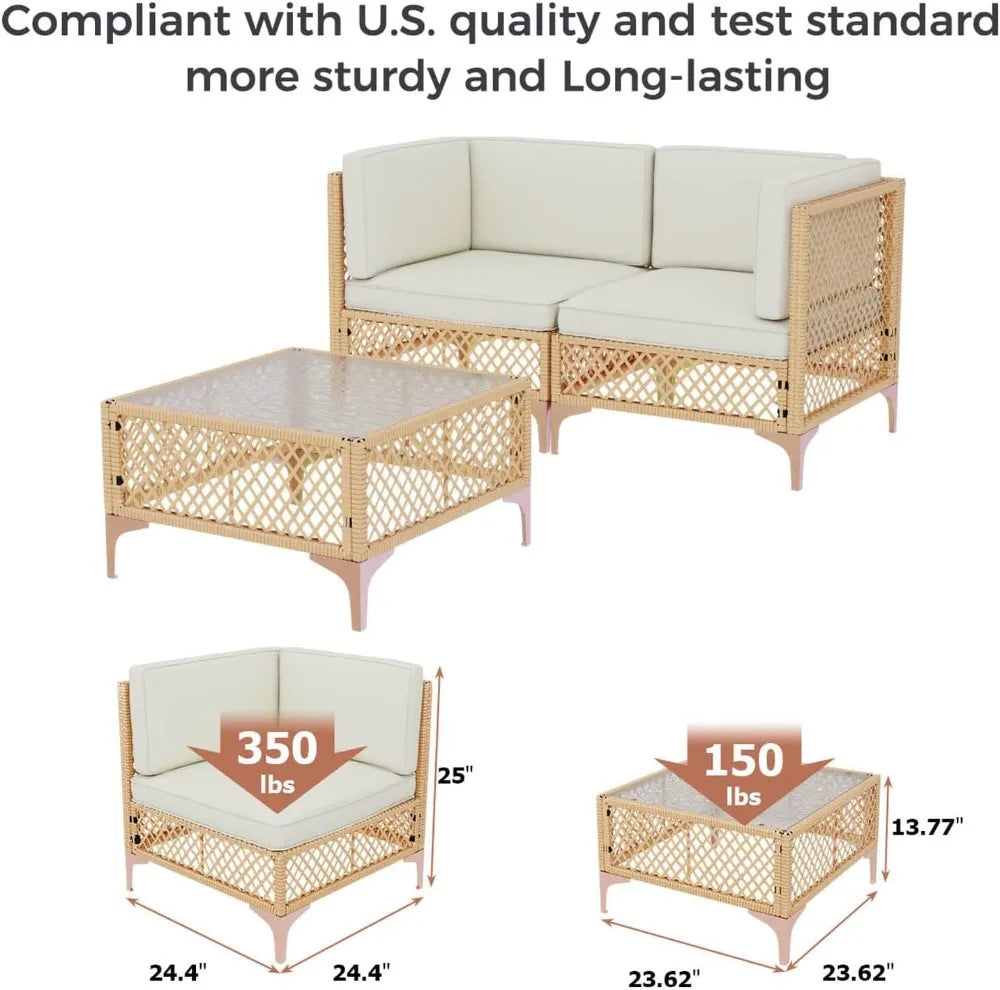 Outdoor Patio Set, Wicker Sectional Sofa with Glass Coffee Table & Waterproof Cushions (3-Piece)