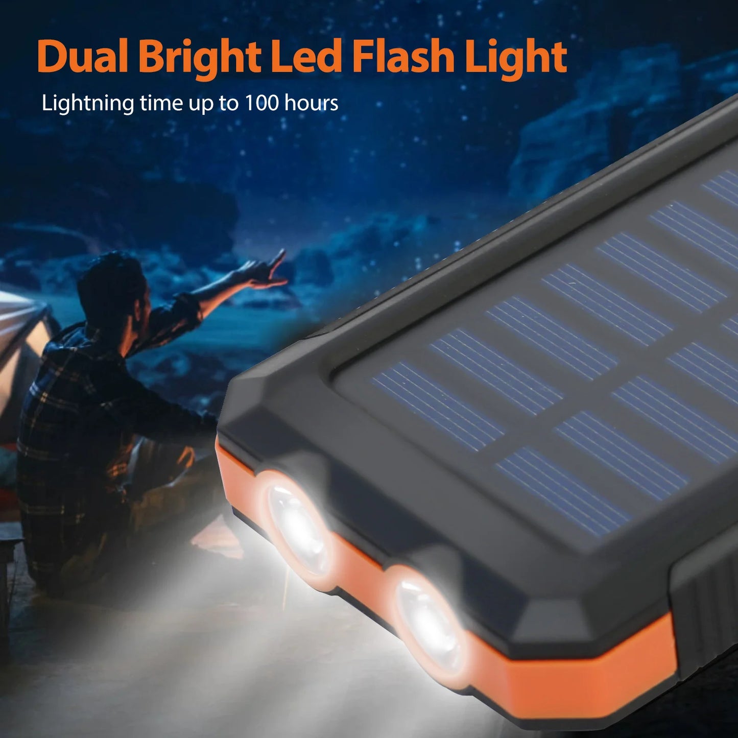 20000mAh Solar Power Bank Portable Charger Waterproof Dual 5V USB Ports 2 LED Light Flashlight Cell