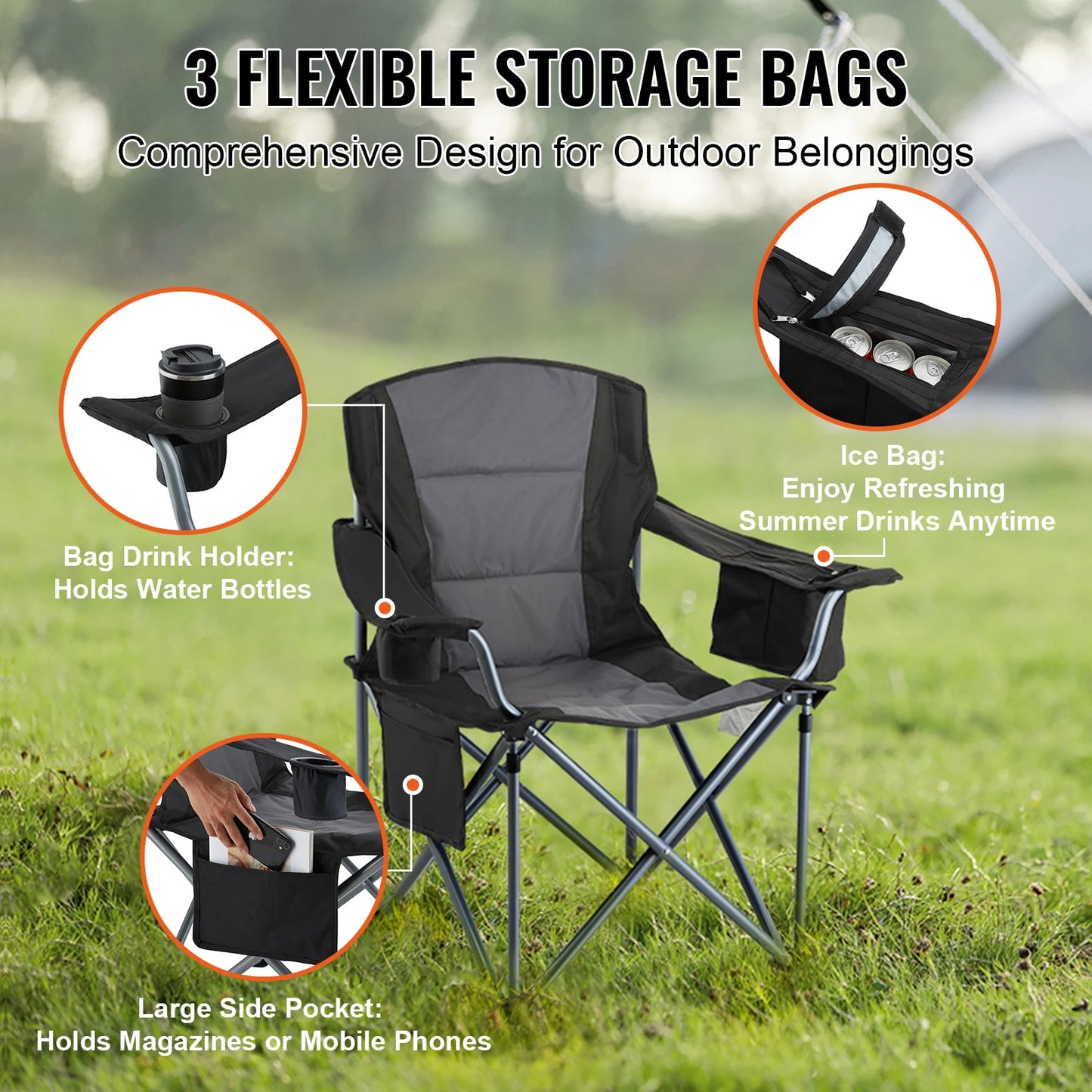 Camping Folding Chair, Adults Portable Quad Lumbar Back Padded Arm, Side Pockets Beach, Lawn, Picnic