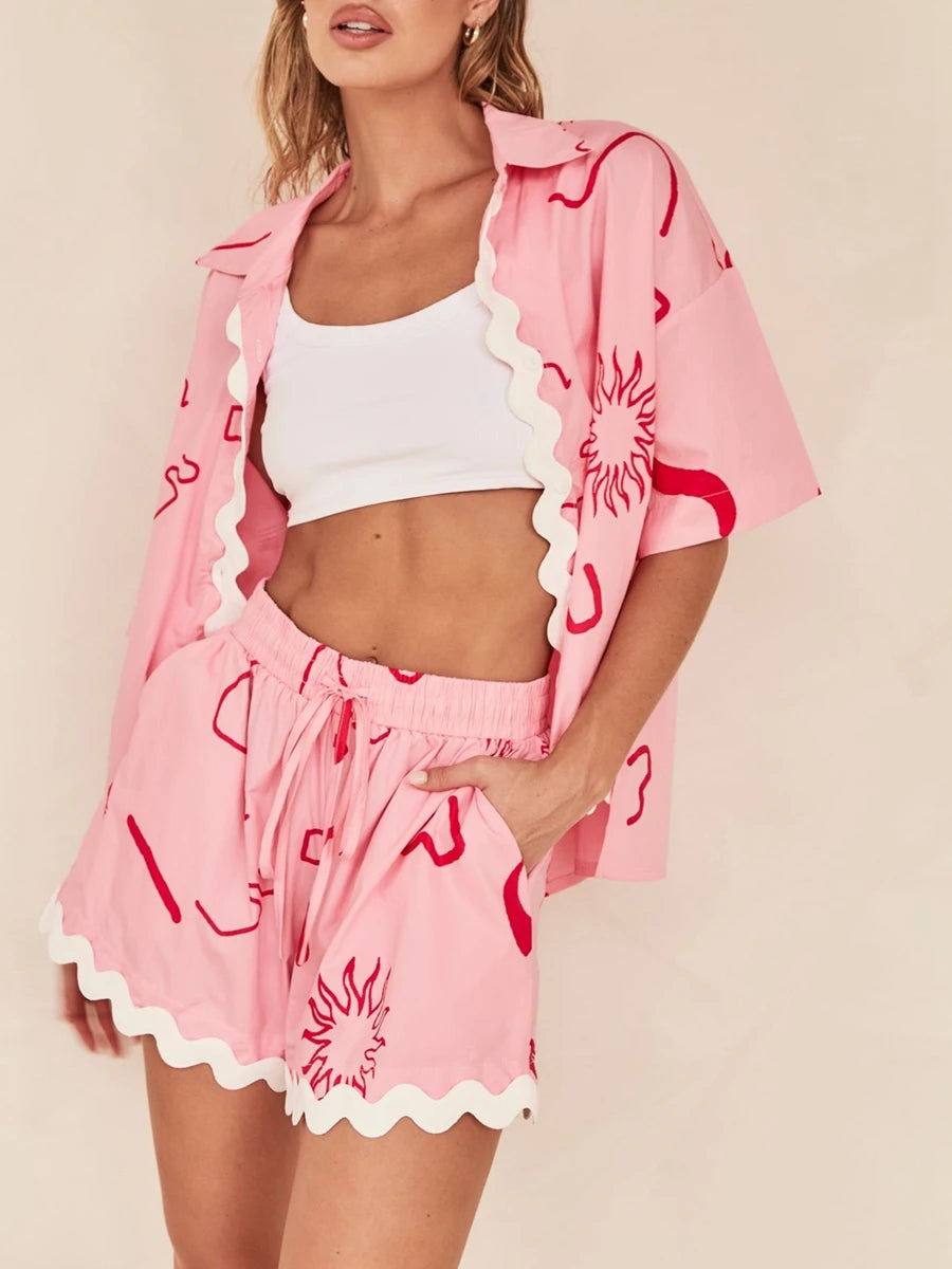 Women s Summer Loungewear Set Fashion Print Short Sleeve Lapel Button T-Shirt ,Trim Shorts Sleepwear