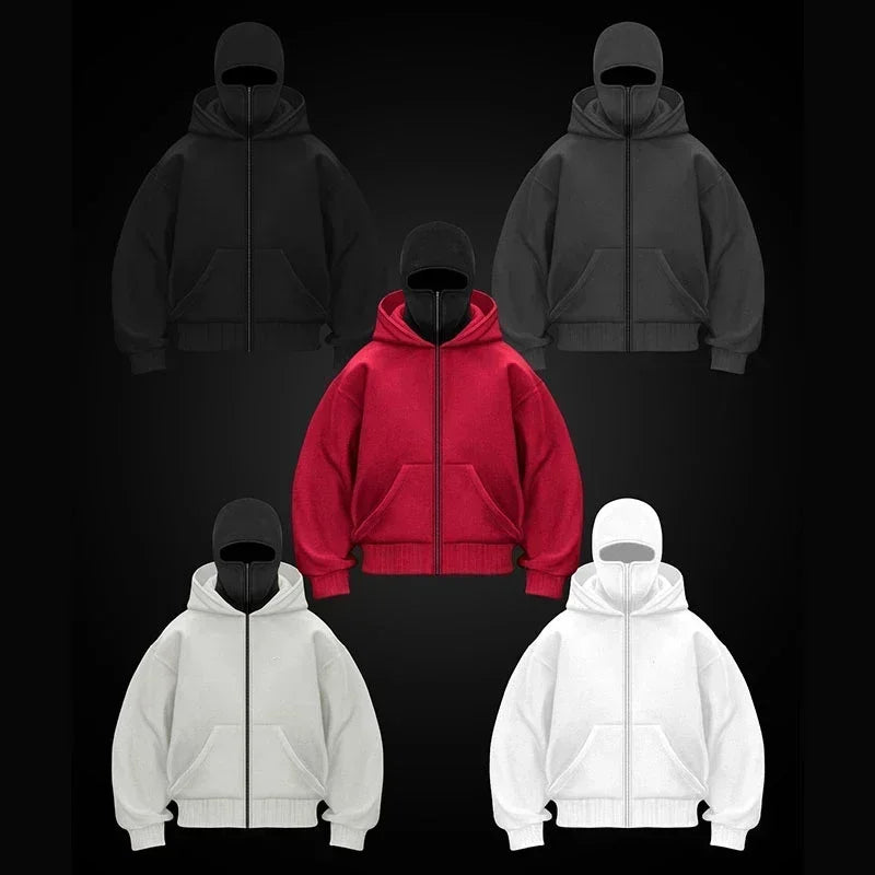 Men/women Balaclava Y2K Gothic winter Warm, double hooded sweatshirt men's mask zipper sports Jacket