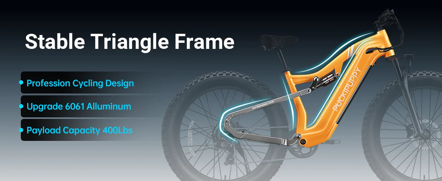 PUCKIPUPPY Lab-pro E-Bike 26" Fat Tire Full Suspension Mountain1350W 48V 20AH Ebike 2-Yr Warranty