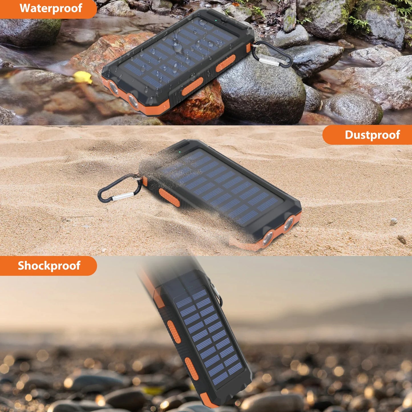 20000mAh Solar Power Bank Portable Charger Waterproof Dual 5V USB Ports 2 LED Light Flashlight Cell