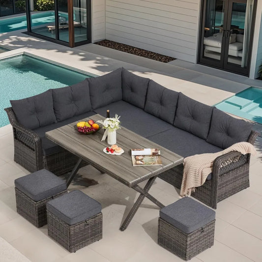 7 Pieces Patio  Dining Set, Patio Dining Sets with HDPE Table & Chairs, Ottamans for Garden, Deck