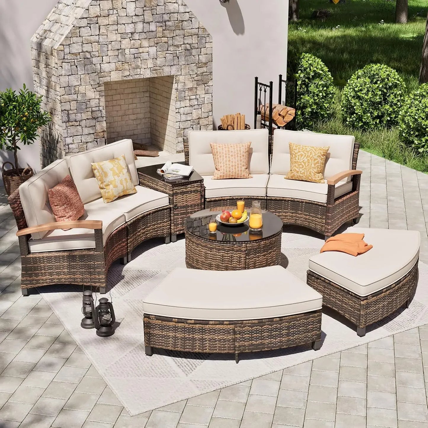 9 Piece Outdoor Patio Furniture Set, Half-Moon Curved Sectional Sofa Rattan Patio Conversation