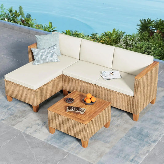 Small Patio Furniture Set, 3 Piece Wicker Outdoor Patio Conversation Set, Outside L-Shaped Sectional