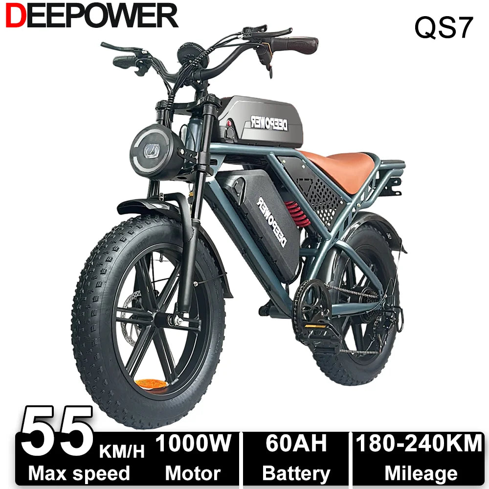 E-Bike QS7 1000W 48V 60AH 20 Inch Fat Tire, Adults Mountain Off-Road Dual Batteries E-Bicycle