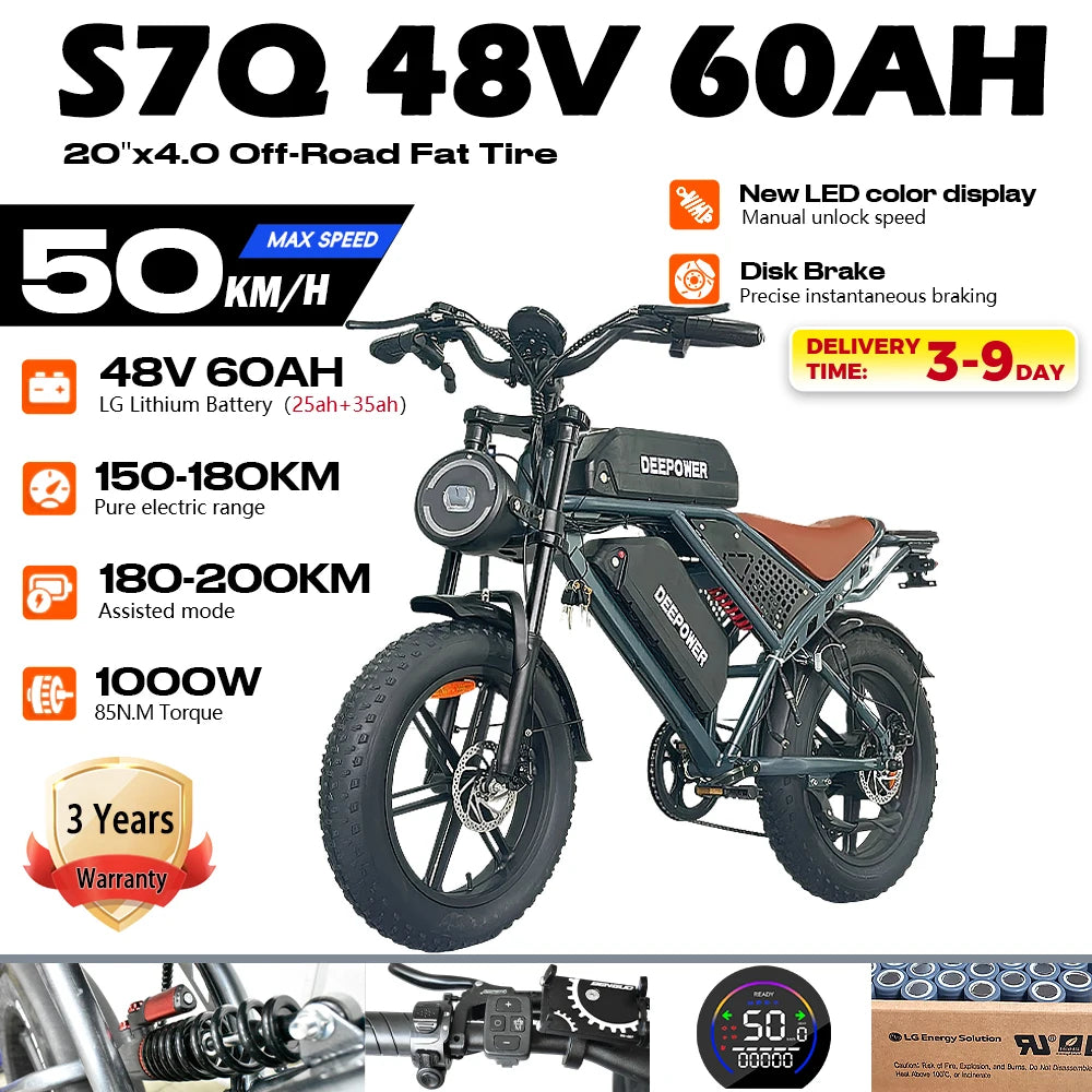 QS7 Max Electric Bicycle 2000W Brushless Motors MTB 48V 35AH Lithium Battery Speed 50Km/h Off Road