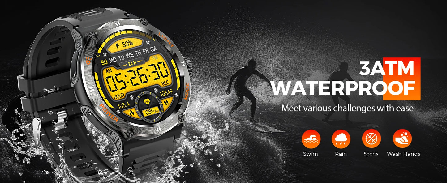 Smart Watch 3ATM Waterproof 1.53" KT76, Compass, LED Flashlight Heart Rate Sleep Analysis Bluetooth