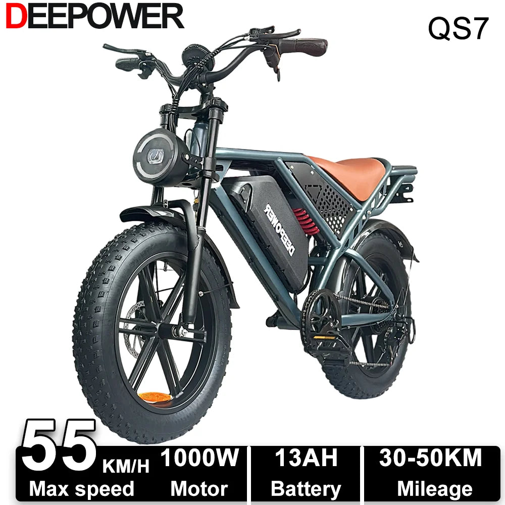 E-Bike QS7 1000W 48V 60AH 20 Inch Fat Tire, Adults Mountain Off-Road Dual Batteries E-Bicycle