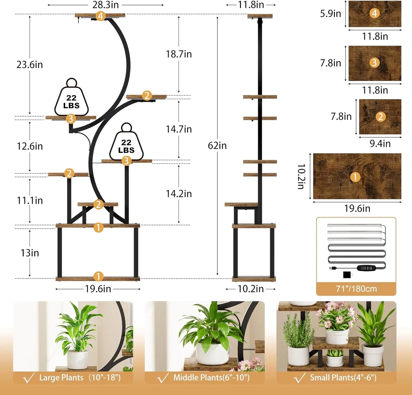 Indoor Plant Stand Grow Lights 62 Inch Tall, 8 Tier Lighted Corner Shelf  Plants,flowers