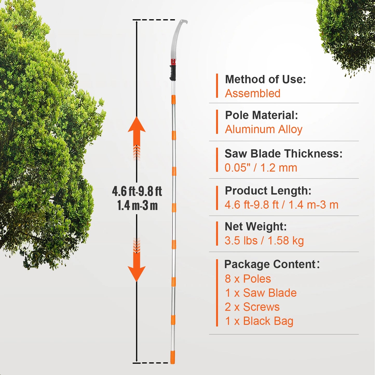 Manual Pole Saw Extendable Tree Pruner Sharp Steel Blade,Lightweight Aluminum Alloy Handle