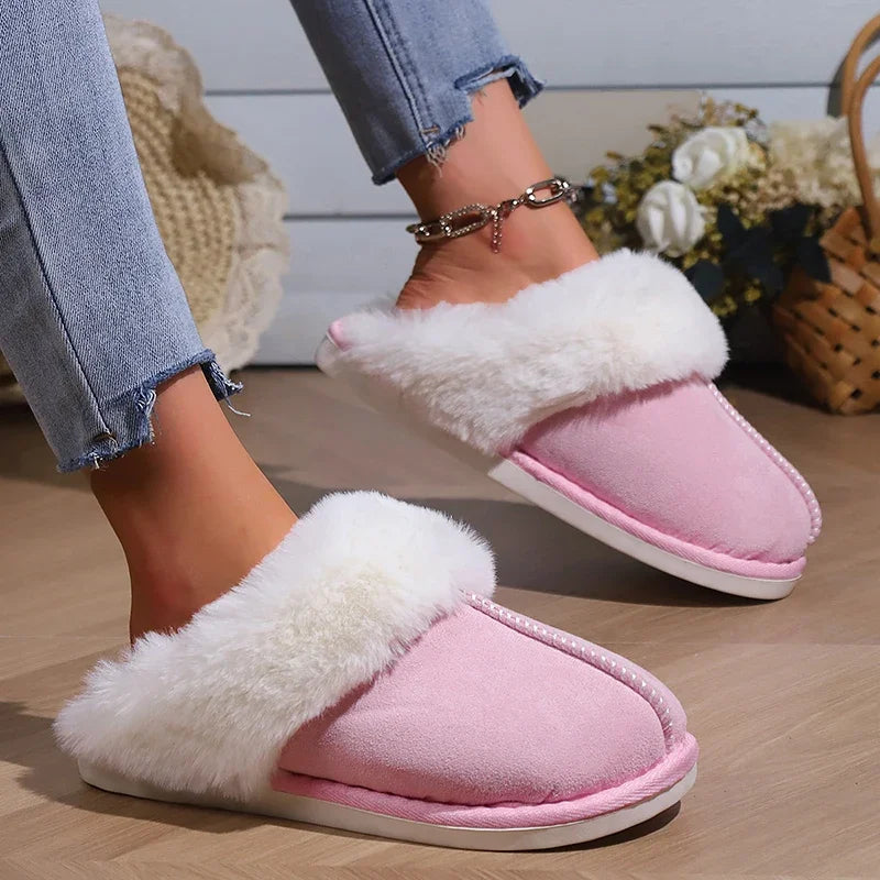 2025 Winter Warm Flat Fur Slippers Women Faux Suede  Slides Comfort Non Slip Indoor FloorCotton