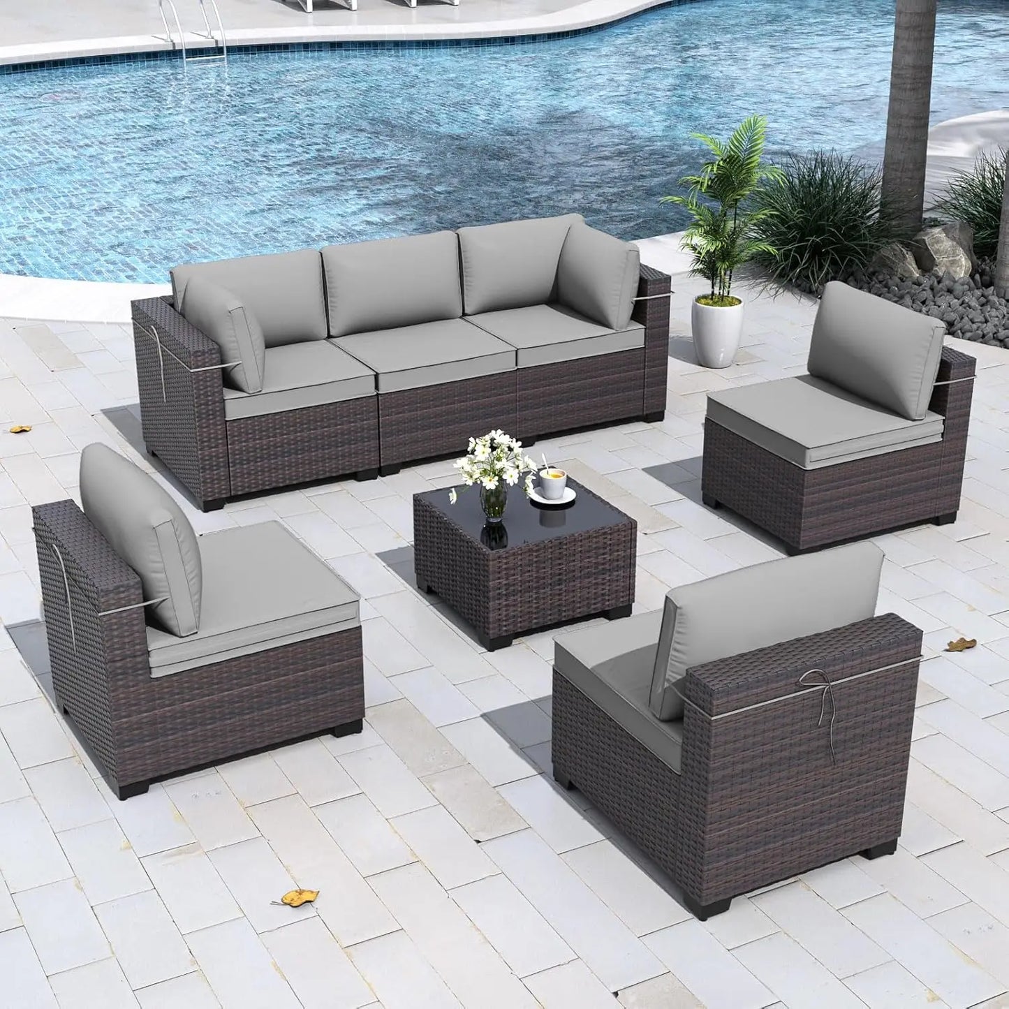 7 Pieces Patio Furniture Set, 4’’ Thick Cushions, All-Weather PE Rattan 29.5'' High Backrest
