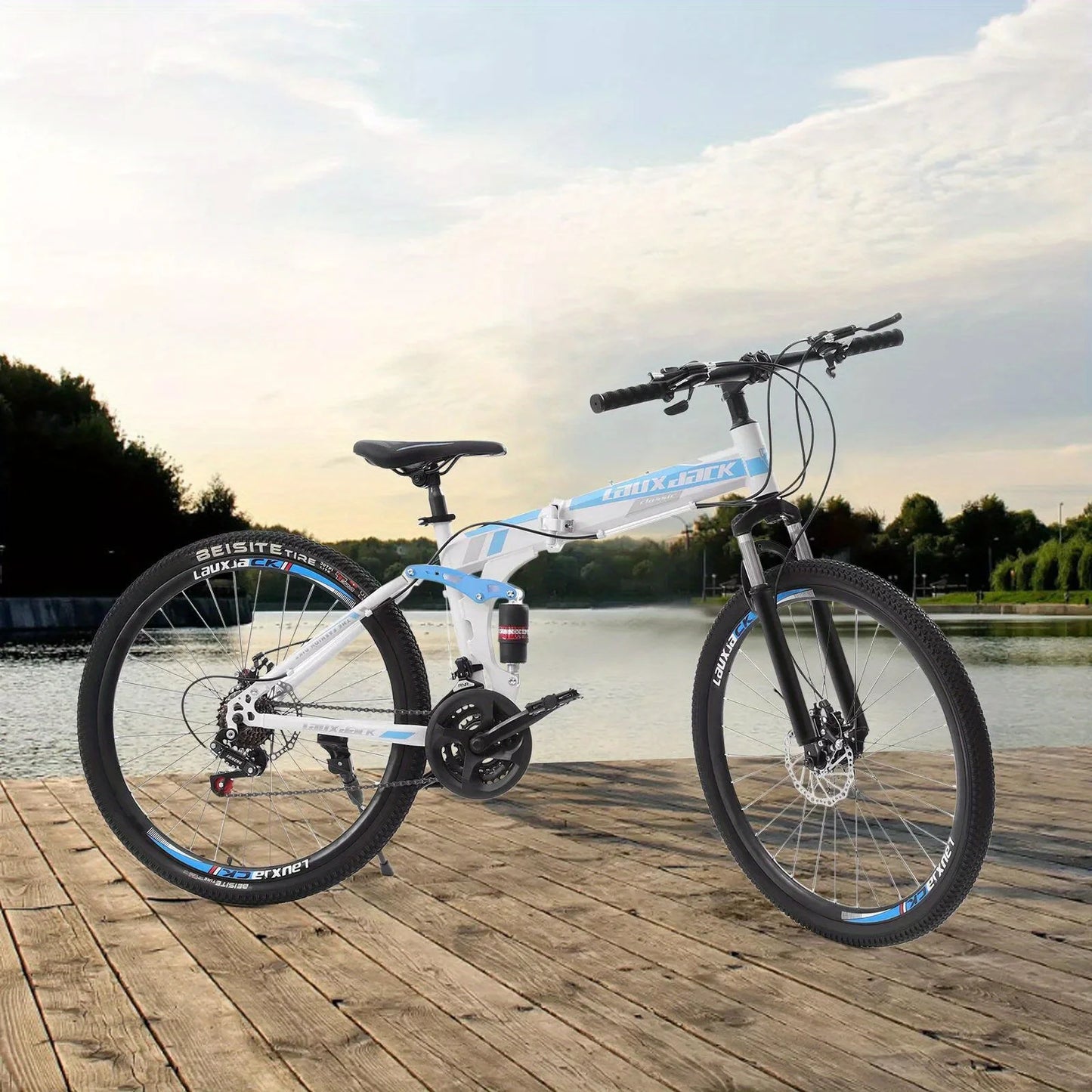 26" Folding Mountain Bike Top Spec | 21-Speed Blue/White MTB | Dual Disc Brakes | Ultimate Commuter & Trail Bike