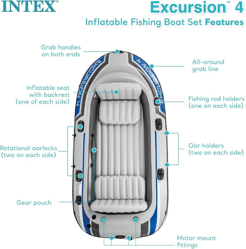 Excursion Inflatable Boat Series: Includes Deluxe 54in Oars, High-Output Pump  Adjust Seats/Backrest