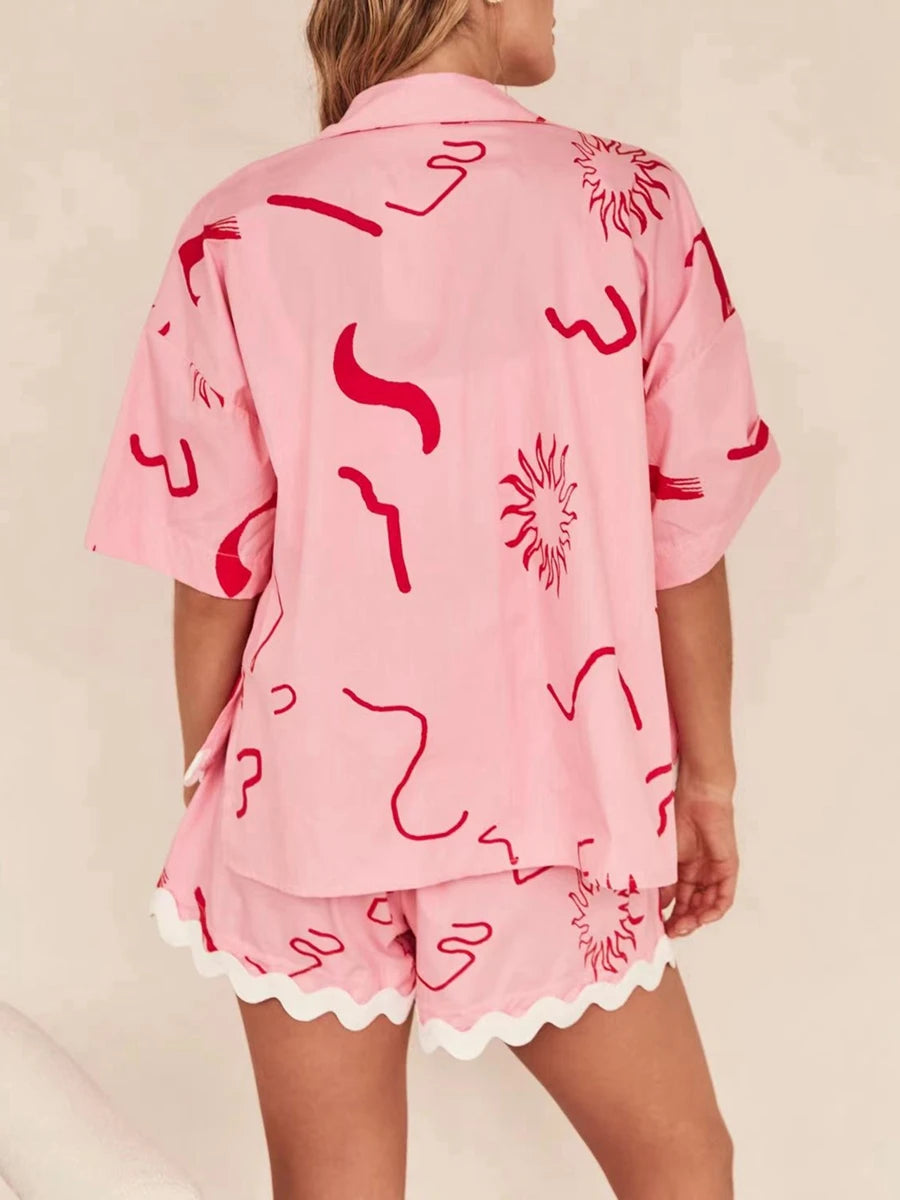 Women s Summer Loungewear Set Fashion Print Short Sleeve Lapel Button T-Shirt ,Trim Shorts Sleepwear