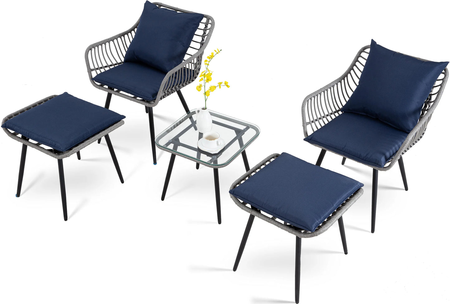 5 PiecePE Rattan Patio Furniture Set, Wicker Bistro Set, All-Weather Chairs, Ottoman & Coffee Table