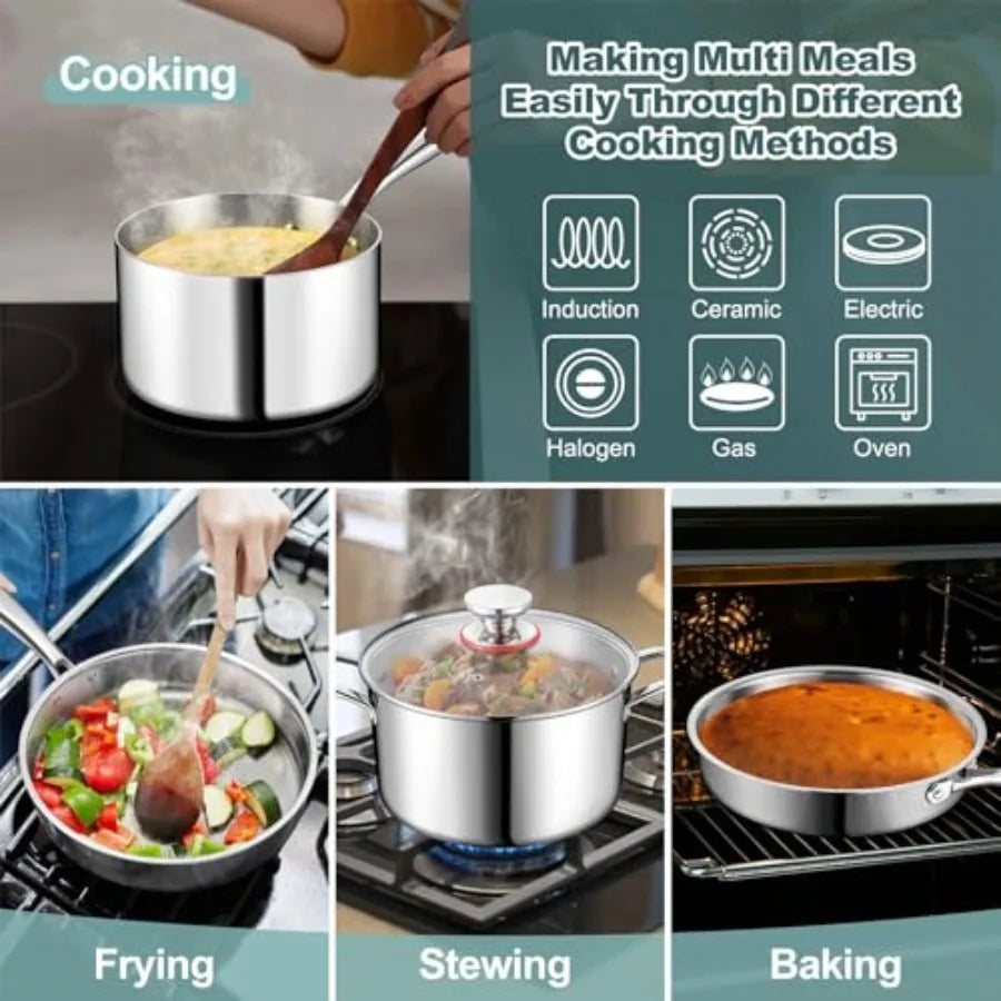 3Ply Stainless Steel Pots,Pans,10 Pcs Stainless Cookware Kitchen Induction Nontoxic Kitchen Cooking