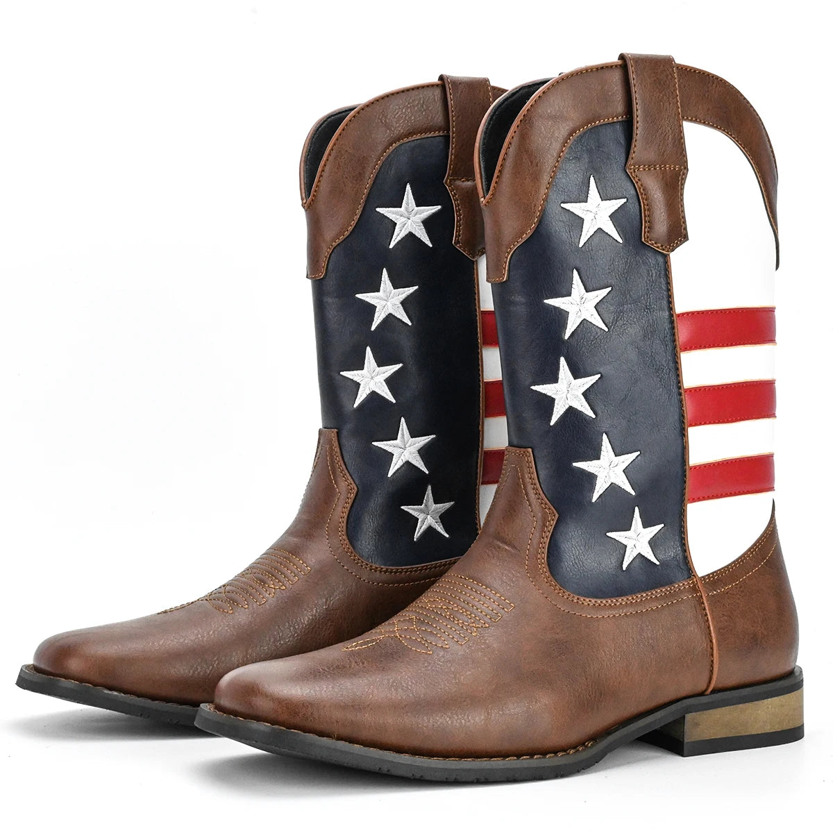 Men's Trendy High Top Cowboys Boots, Stars &Stripes, Non Slip Comfy Durable Outdoor Travel,Walking