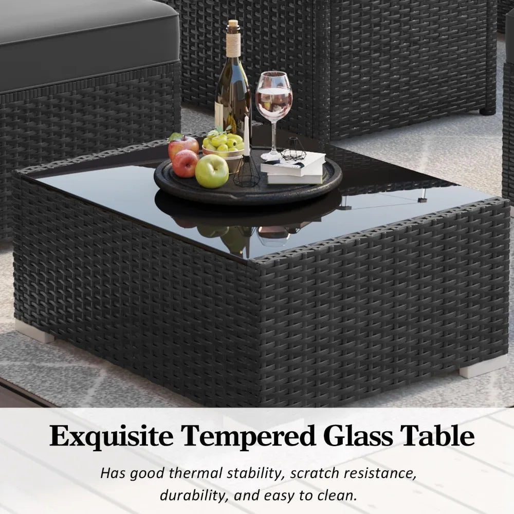 15 Piece Patio Furniture Set, Fire Pit Table, Wicker Rattan Sectional Sofa with Coffee Table
