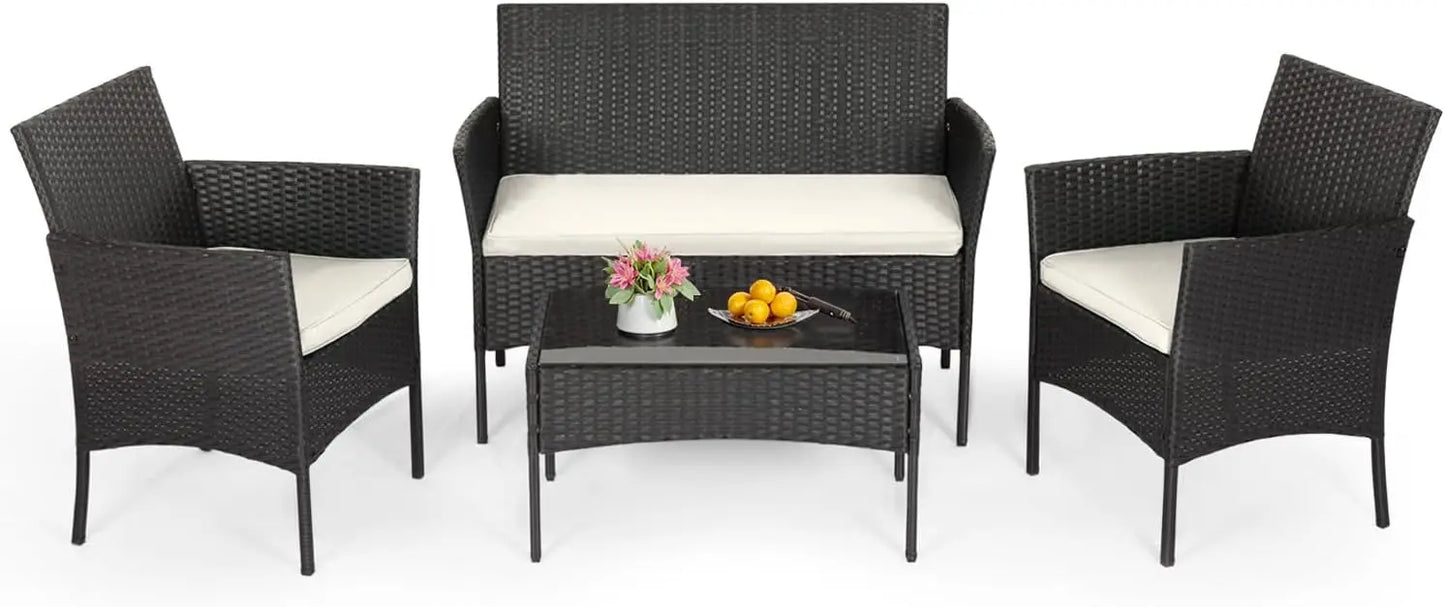 4-Piece Outdoor Patio Furniture Set, Coffee Table, Mod Rattan Chairs, Weather-Resistant patio/deck