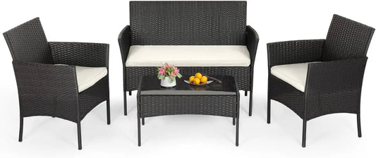 4-Piece Outdoor Patio Furniture Set, Coffee Table, Mod Rattan Chairs, Weather-Resistant patio/deck