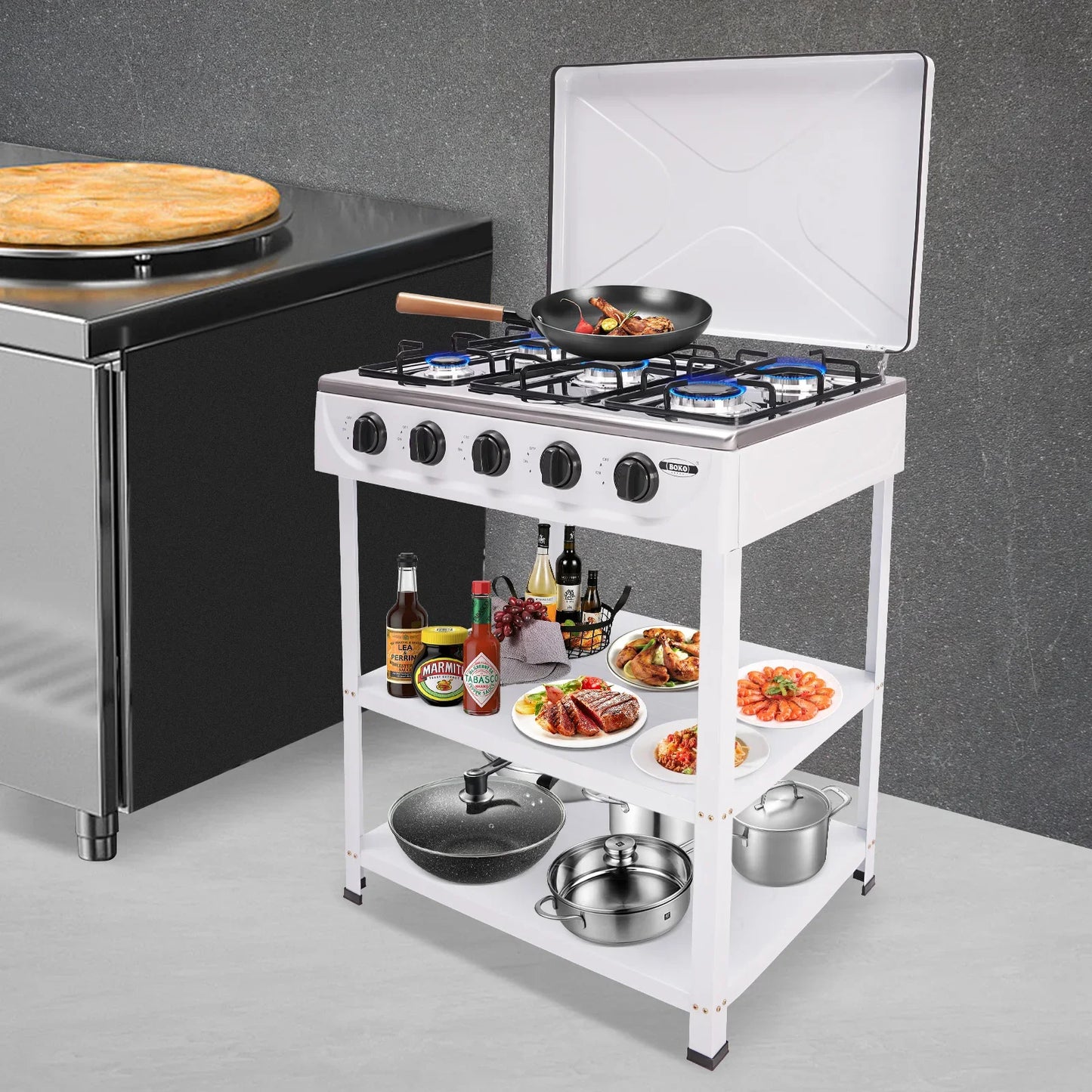 5-Burner Gas Stove: 2.5KW Power Efficient 5 Knobs Durable Independent Control, Heat Energy-Saving