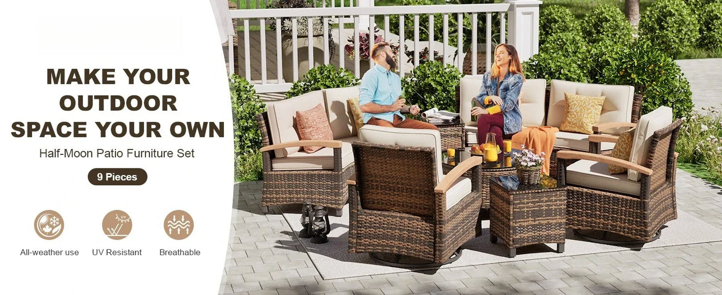 9 Piece Outdoor Patio Furniture Set, Half-Moon Curved Sectional Sofa Rattan Patio Conversation