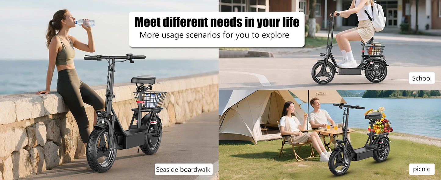 E-Scooter Adults,650W Peak Motor,48V15AH Battery, Seat,Up to 20MPH,25Miles Long Range,With Basket
